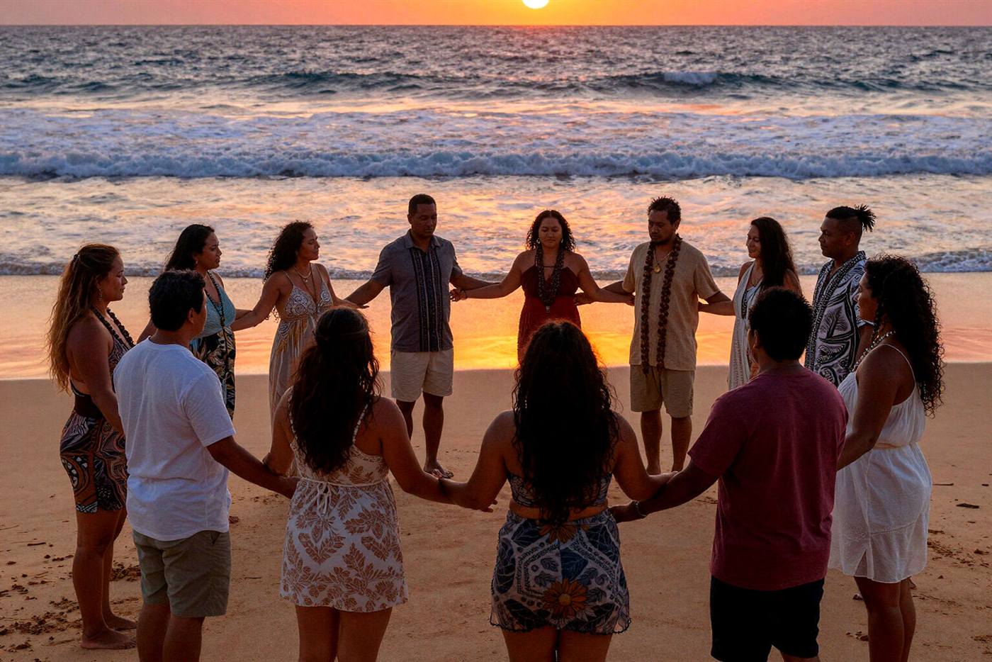 A circle of people holding hands on the beach at sunrise.